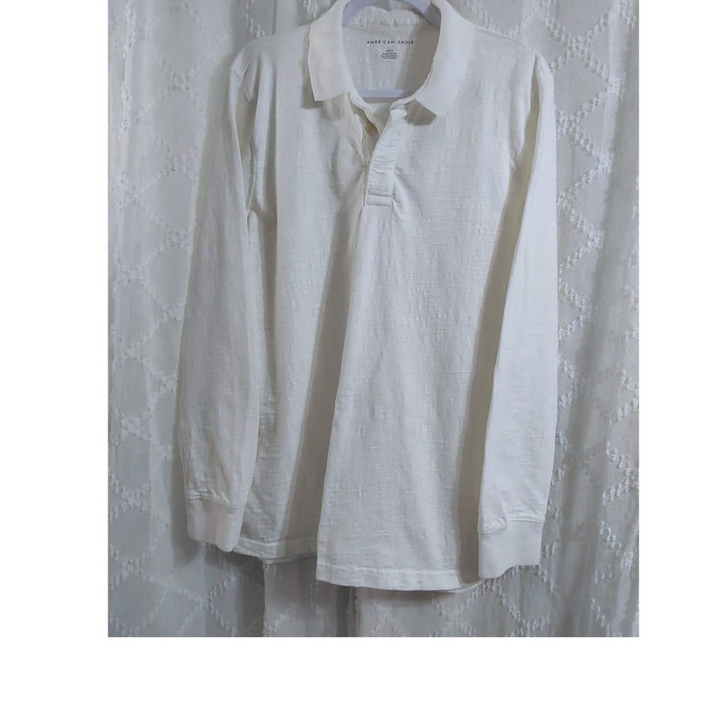 American Eagle Mens Large Off-White Slub Knit Long Sleeve Polo Shirt